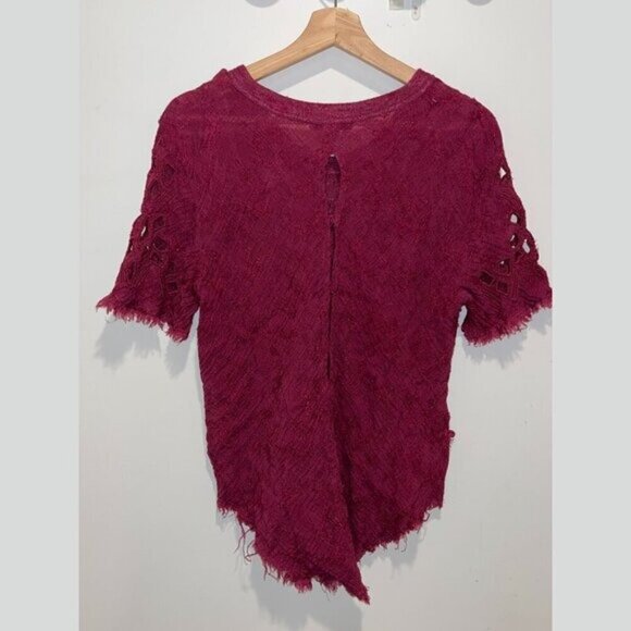 IRO Burbundy Lace Cotton Blend Round Neck Cut Out Blouse Women’s Size 6 - Picture 5 of 9